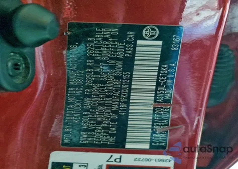 2012 Toyota Camry Base z USA, uszkodzony, nr VIN 4T1BF1FKXCU612155